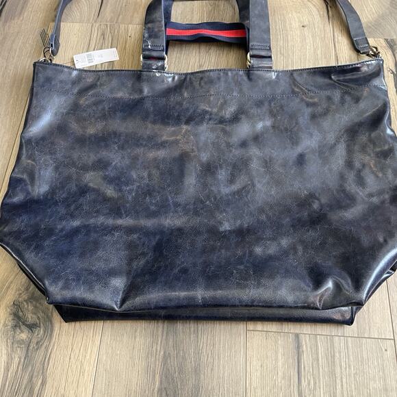 NEW ANTHROPOLOGIE Faux Leather Tote Bag Navy Blue Large Double Handle Shoulder - Picture 4 of 8